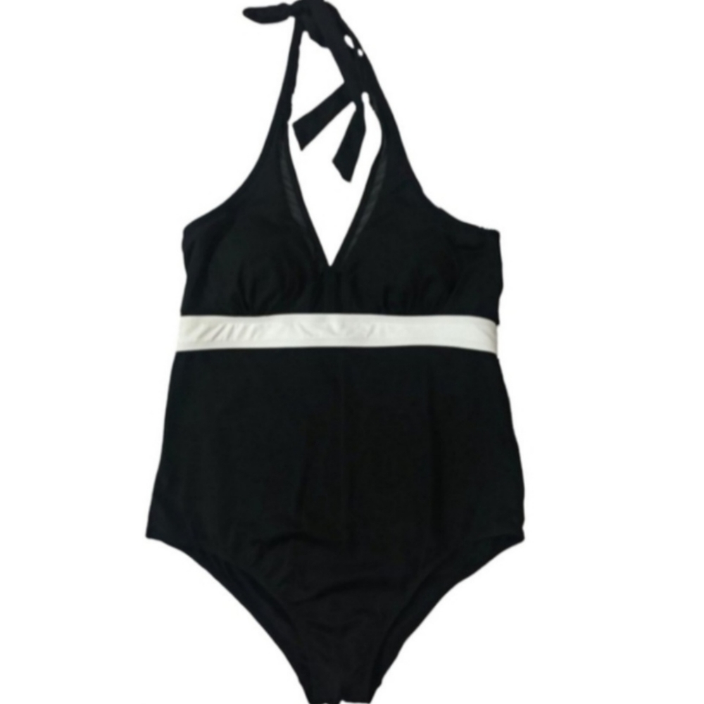 New Liz Claiborne Black w/White Accent Onepiece Halter Top Swimsuit